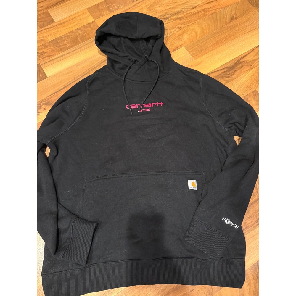 Carhartt Hoodie Womens XL Black Force Relaxed Fit Pink Logo Sweatshirt gorpcore